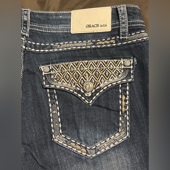 Grace in LA Denim - Grace in LA Dark Indigo Boot Cut Jeans with Tan & White Stitching